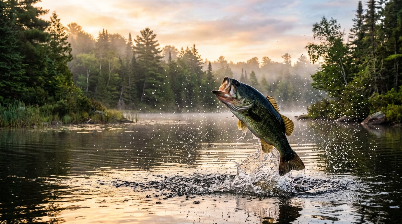 Black bass sautant hors de l'eau au lever du soleil sur un lac brumeux