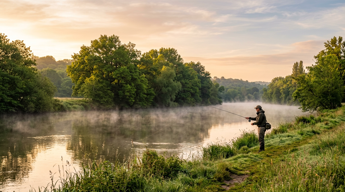 Pêcheur au lever du soleil sur une rivière française avec sa carte de pêche valide