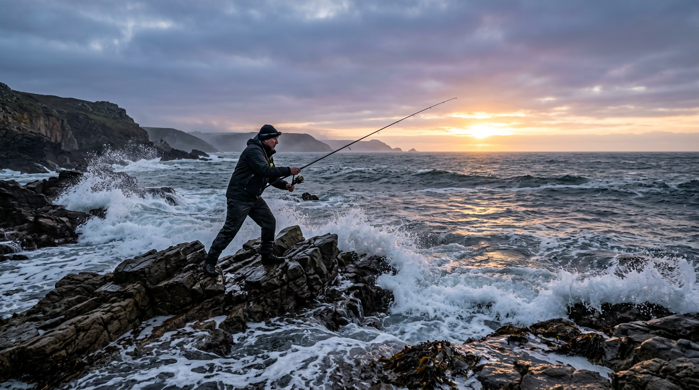Pêcheur de bar en action sur une côte rocheuse au lever du soleil
