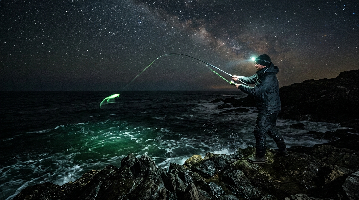 IMG_1-peche-calamar-nuit-eging-cotiere Pêcheur pratiquant l'Eging de nuit depuis une côte rocheuse sous un ciel étoilé