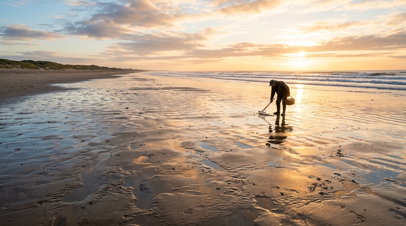 Pêcheur à pied sur une plage à marée basse au coucher du soleil