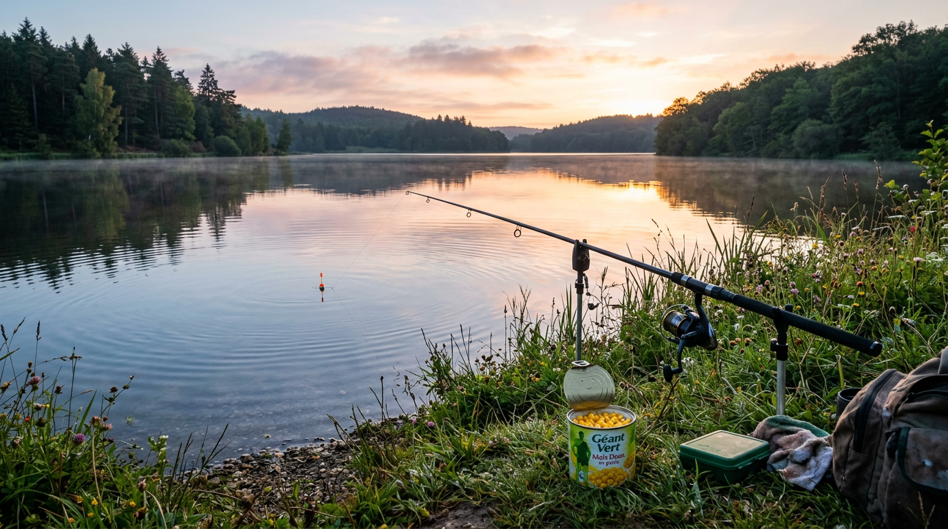 IMG_1-peche-gardon-mais-etang-matin Pêche au coup en étang avec une boîte de maïs doux au premier plan