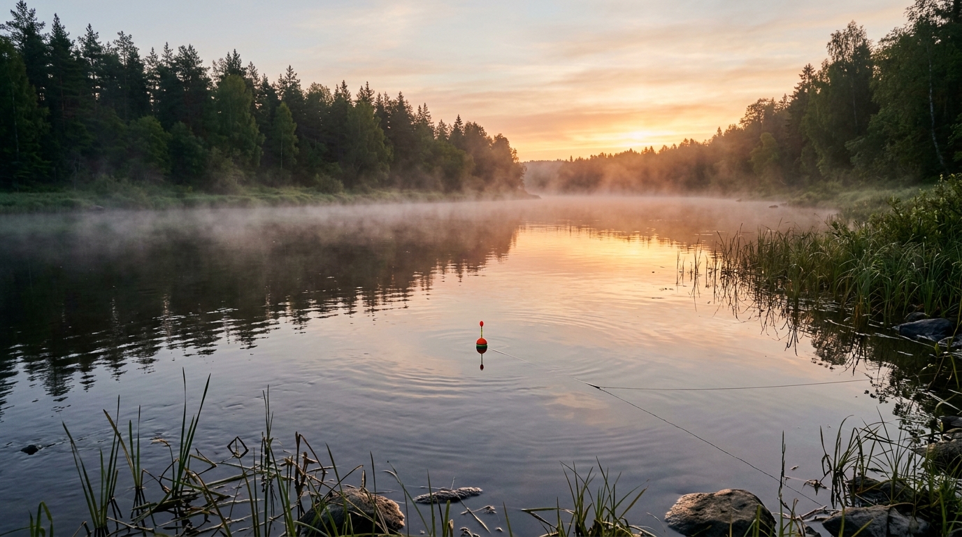 Paysage paisible de rivière à l'aube avec un flotteur de pêche sur l'eau