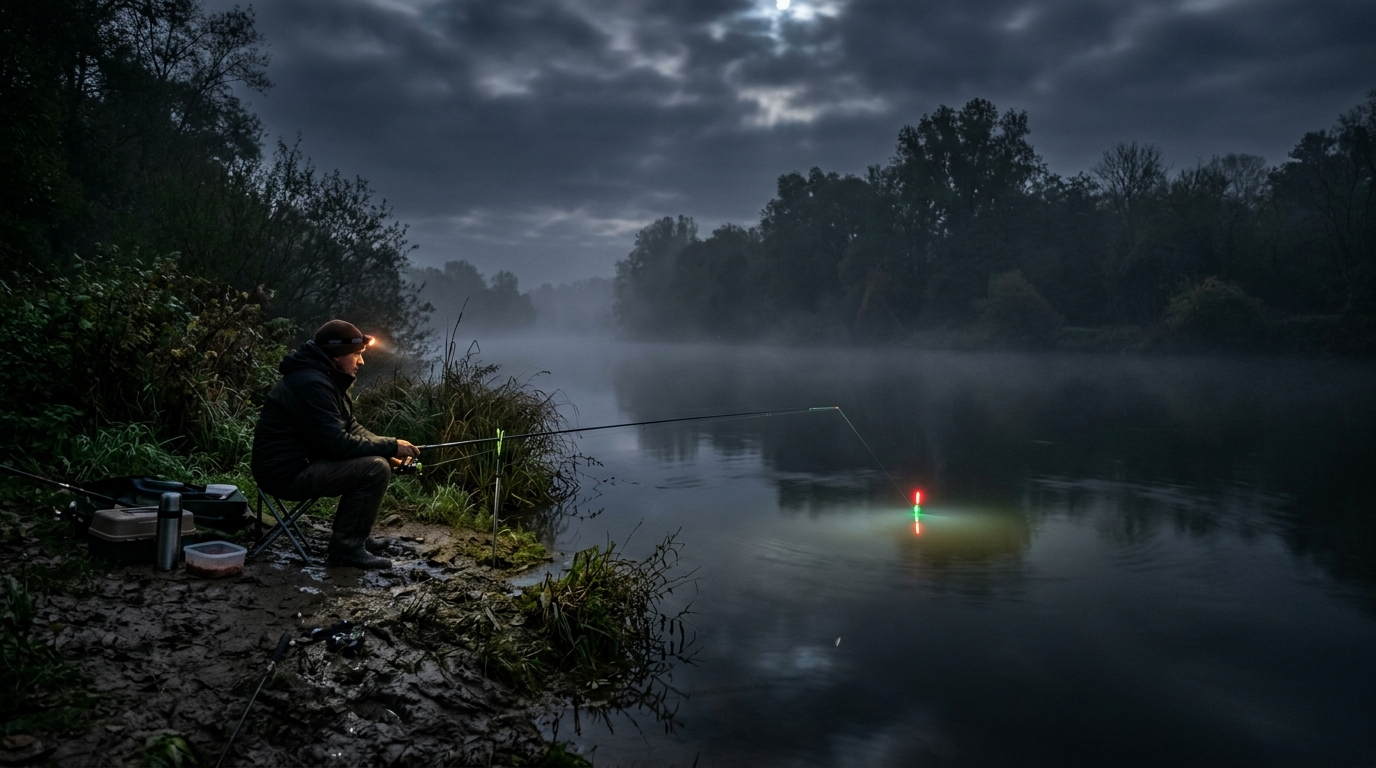 Pêche nocturne de l'anguille au bord d'une rivière brumeuse