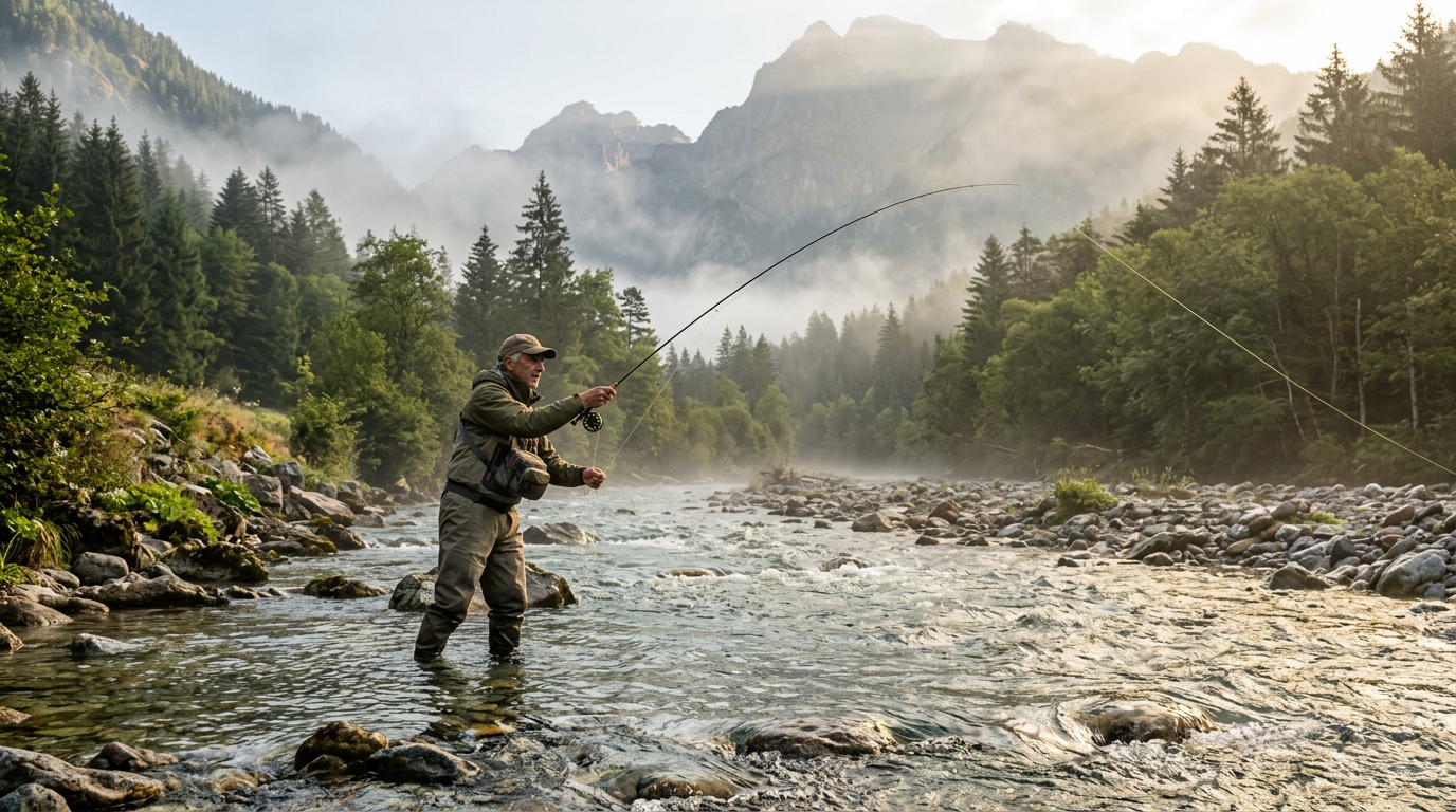 Pêcheur à la truite lançant sa ligne dans une rivière de montagne au lever du soleil