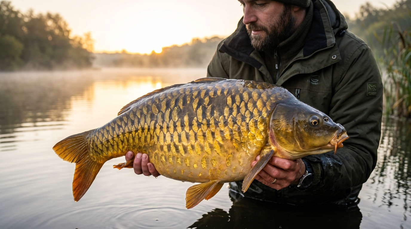 IMG_1-pecher-la-carpe-gros-specimen-lever-soleil Pêcheur tenant une grosse carpe miroir au-dessus de l'eau au lever du soleil