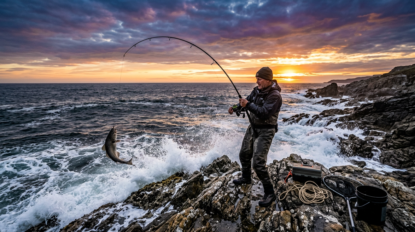 IMG_1-pecheur-cote-rocheuse-poulpe-aube Pêcheur sur une côte rocheuse au lever du soleil avec une canne pliée par un poulpe