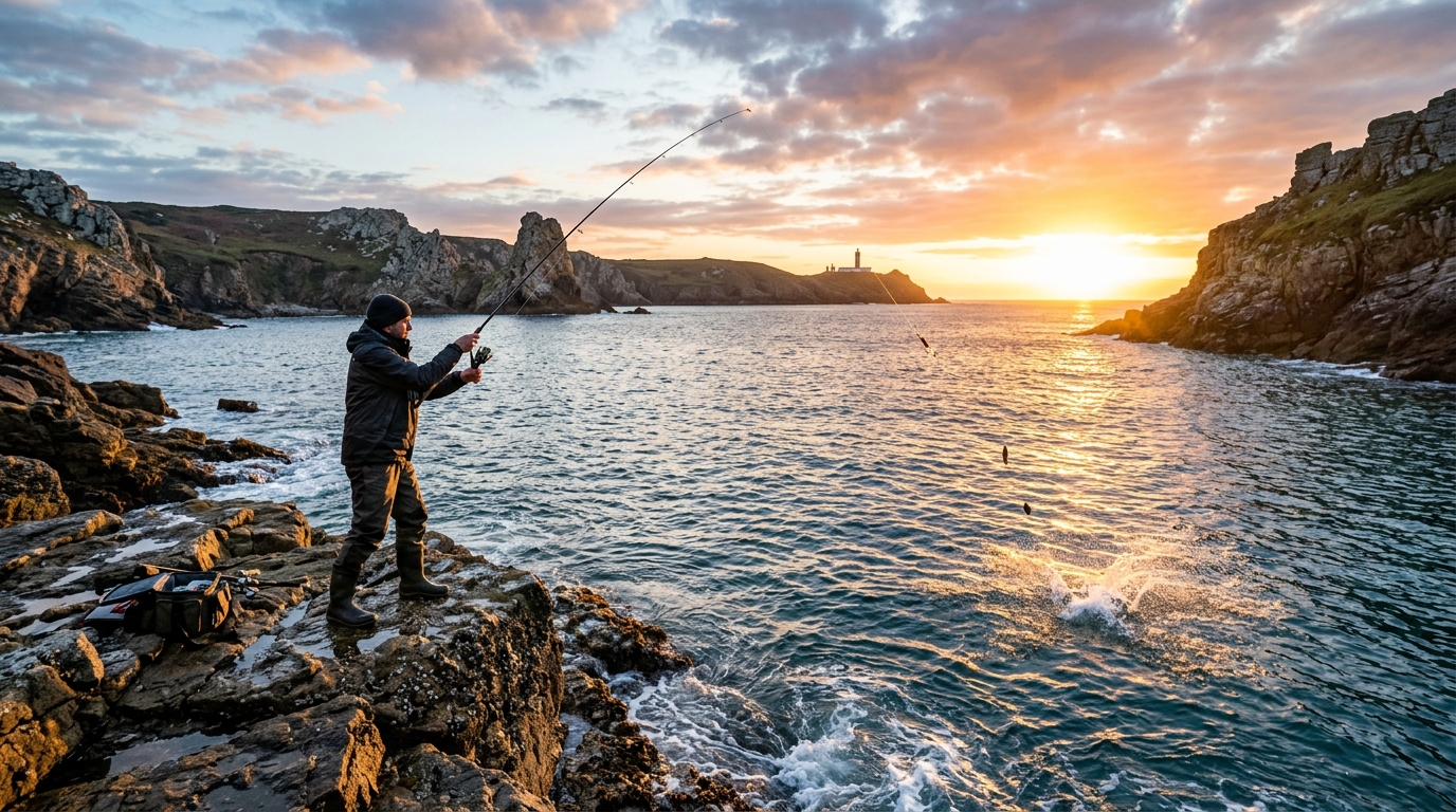 Pêcheur solitaire sur la côte rocheuse au lever du soleil illustrant la pêche en mer