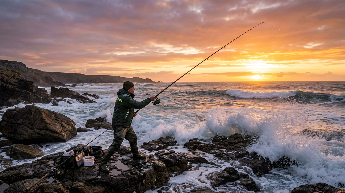 Pêcheur en surfcasting lançant sa ligne depuis le bord au lever du soleil