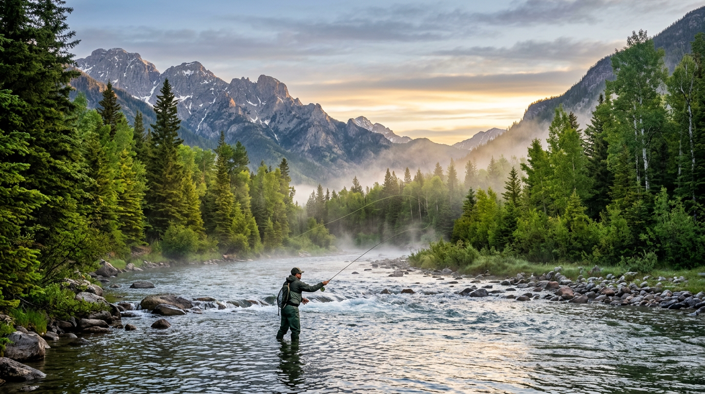 Pêcheur à la mouche en rivière de montagne à l'aube
