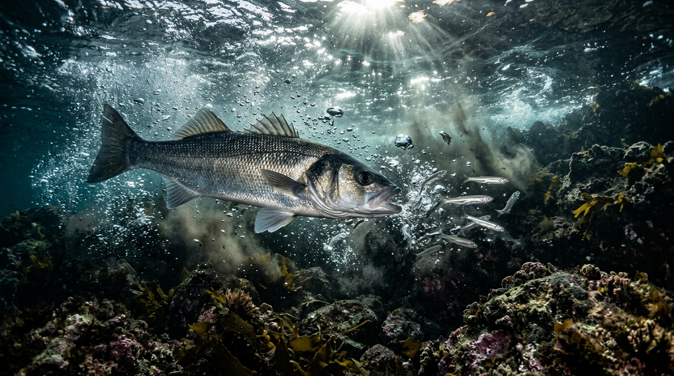 Bar européen en chasse sous l'eau dans les courants