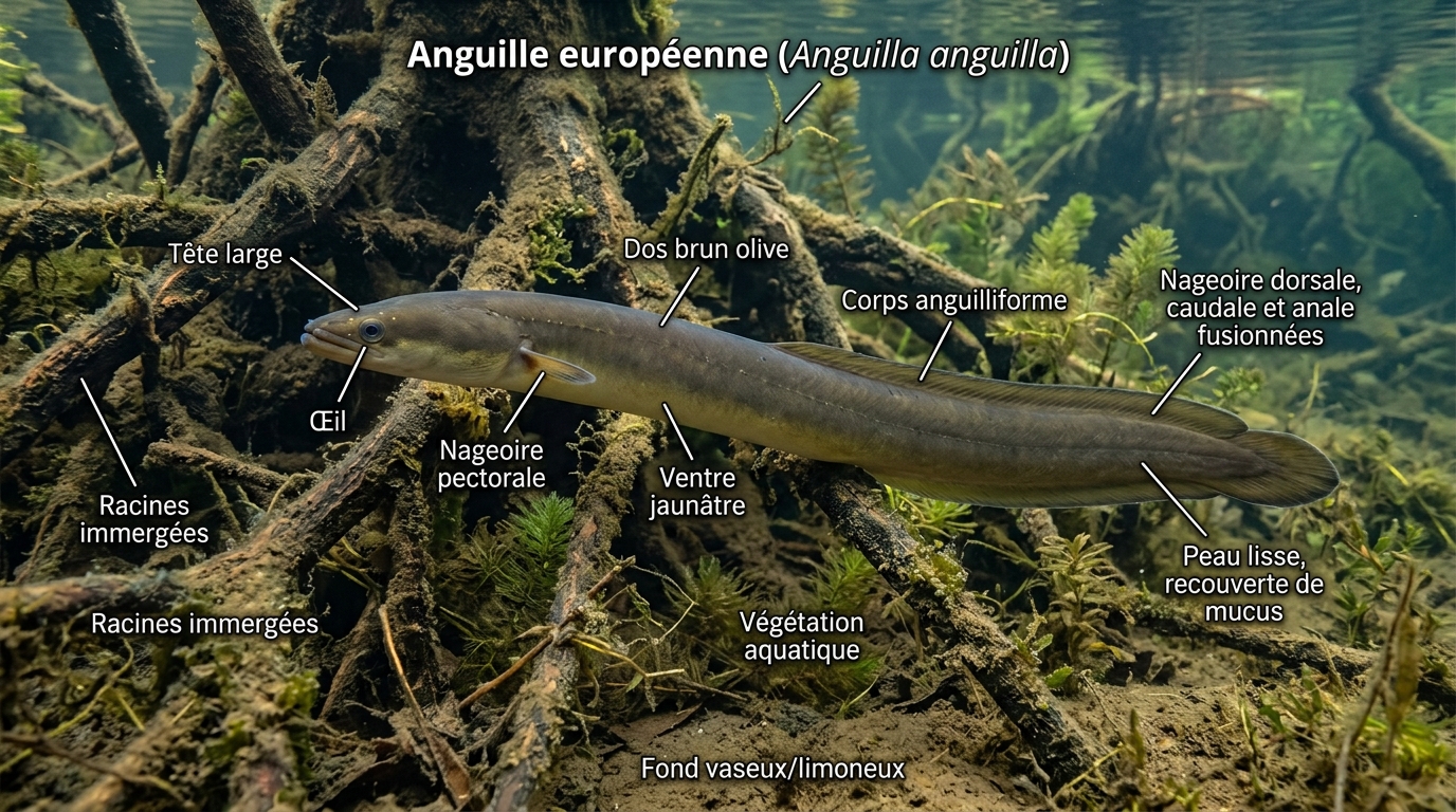 Anguille européenne nageant près de racines immergées