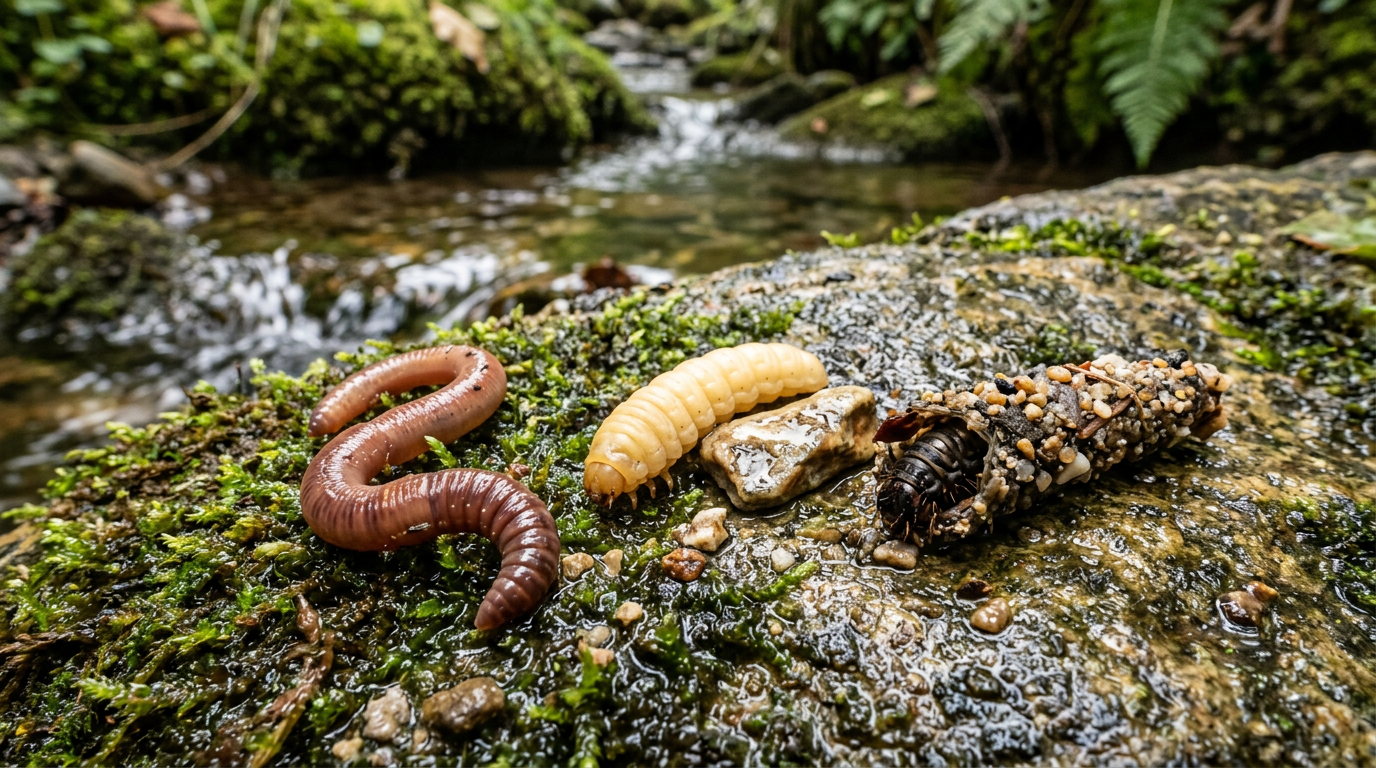 Appâts naturels pour la truite : vers de terre, teigne et porte-bois sur une pierre