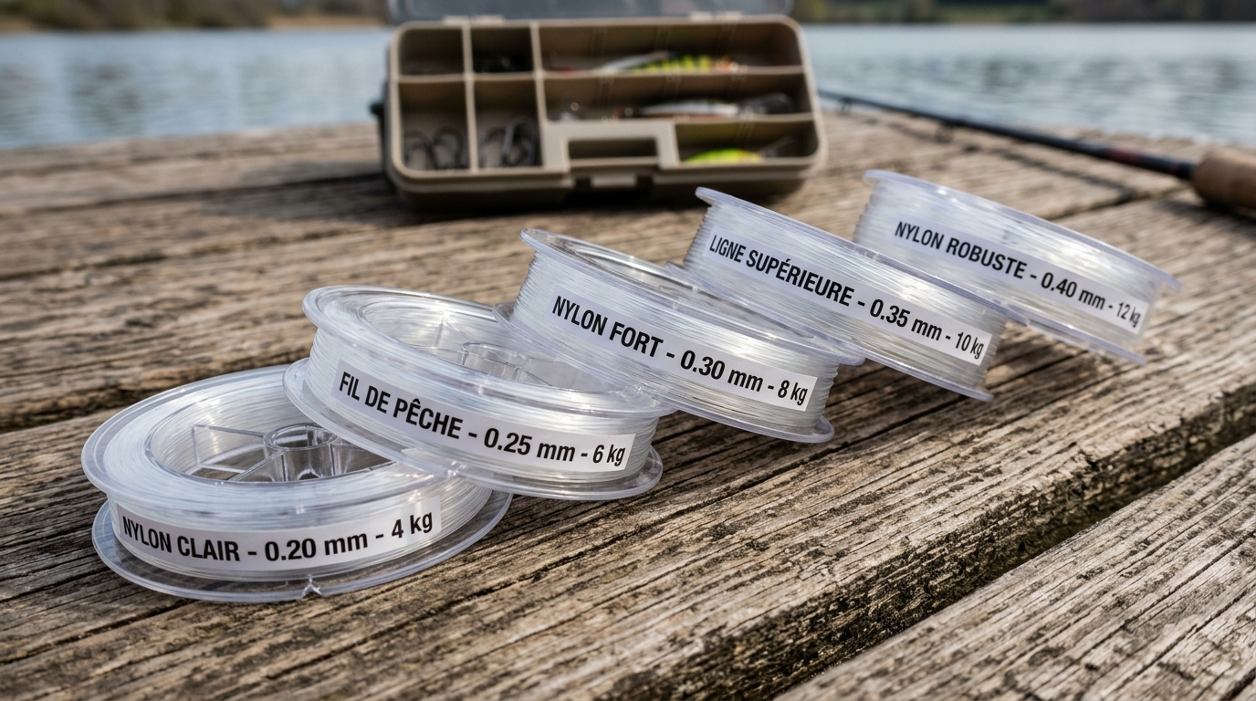 Bobines de fil de pêche en nylon de différents diamètres sur un ponton en bois