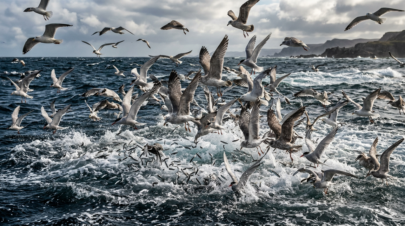 Chasse d'oiseaux marins indiquant la présence de maquereaux