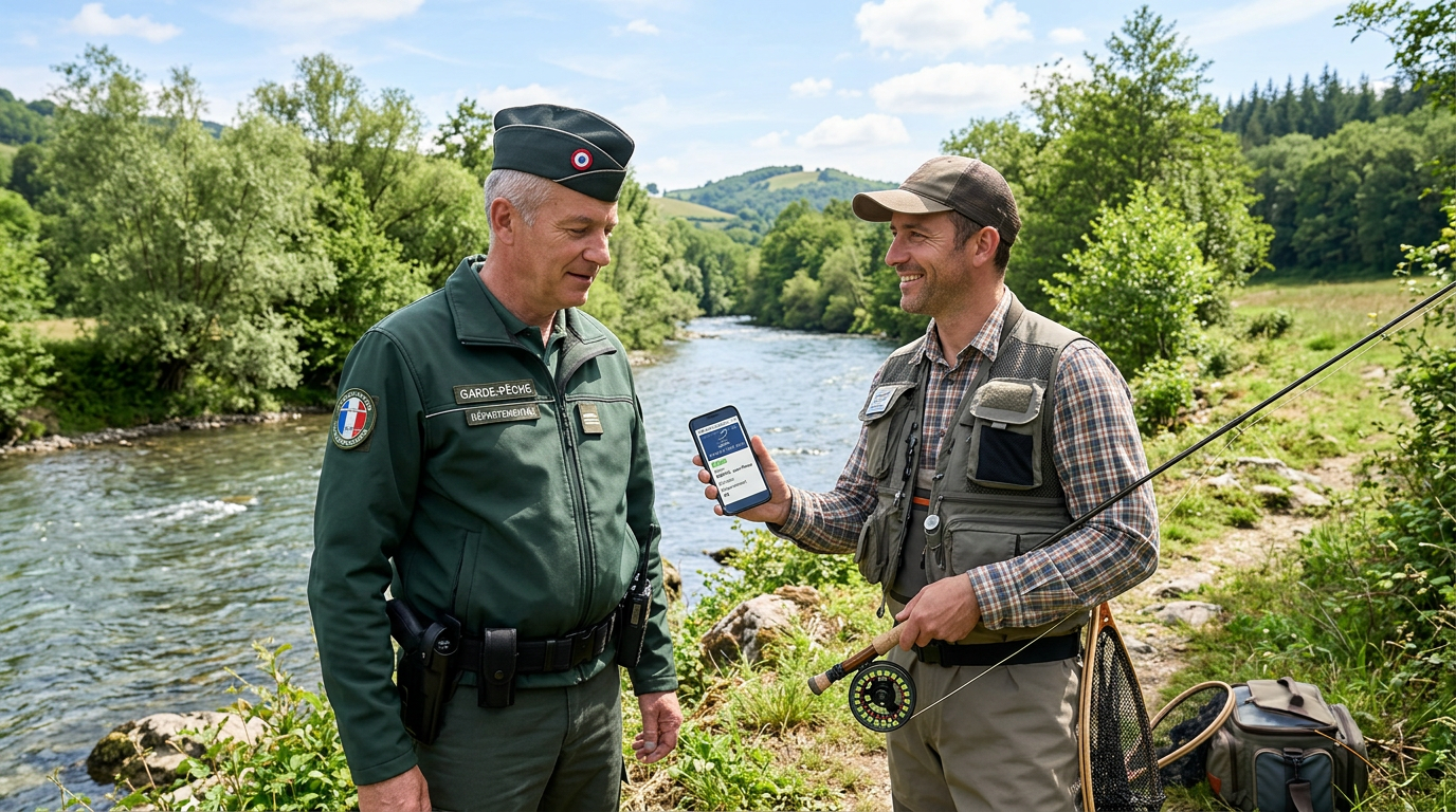 Garde-pêche contrôlant une carte de pêche numérique sur smartphone