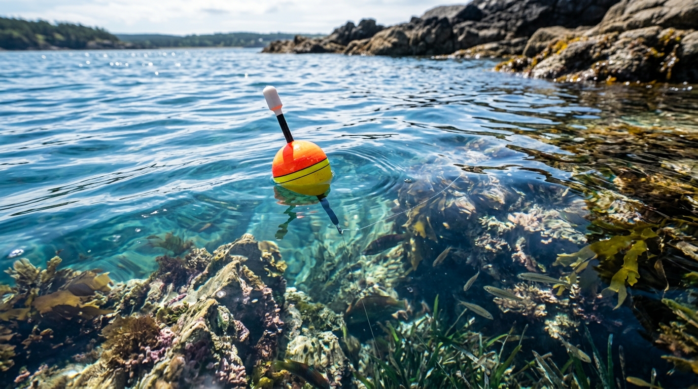 Flotteur de pêche coloré à la surface de l'eau près de rochers sous-marins