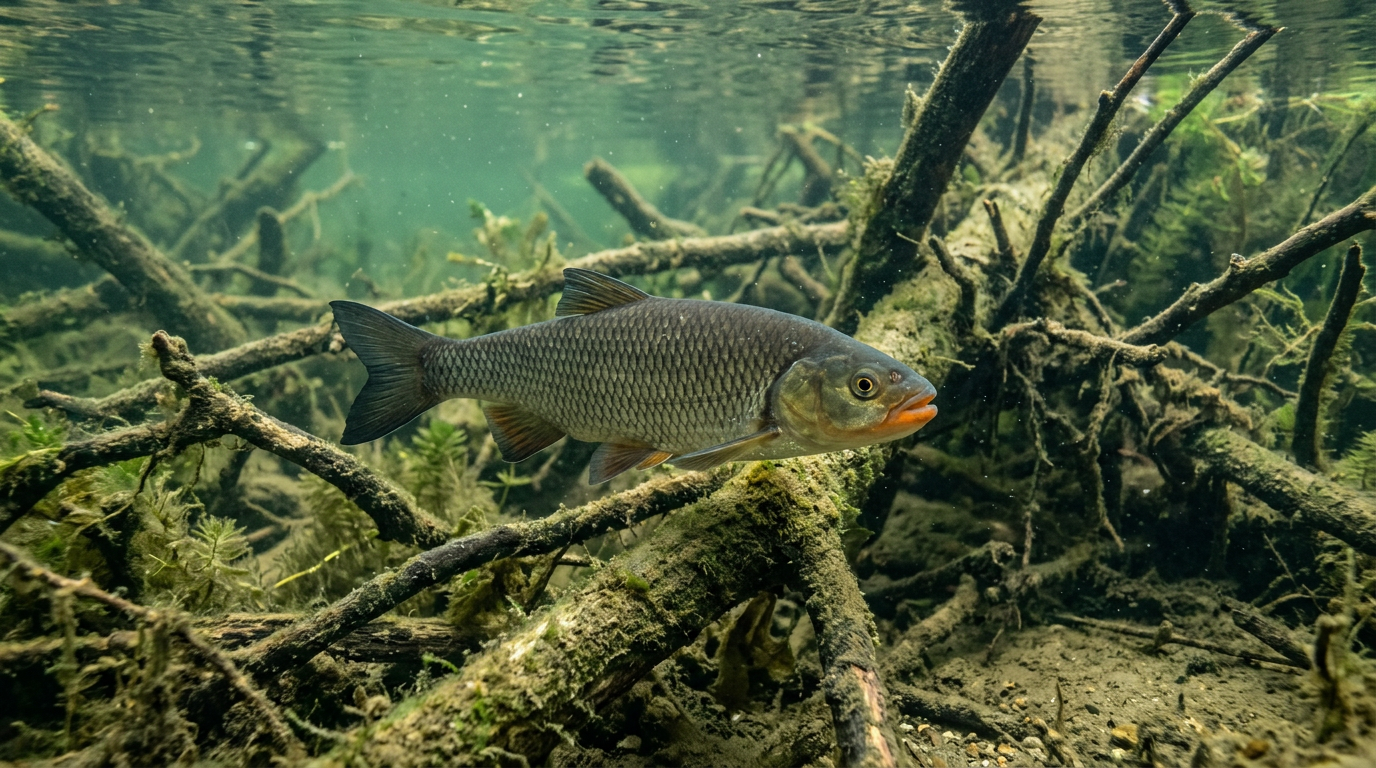 Chevesne posté près de racines immergées