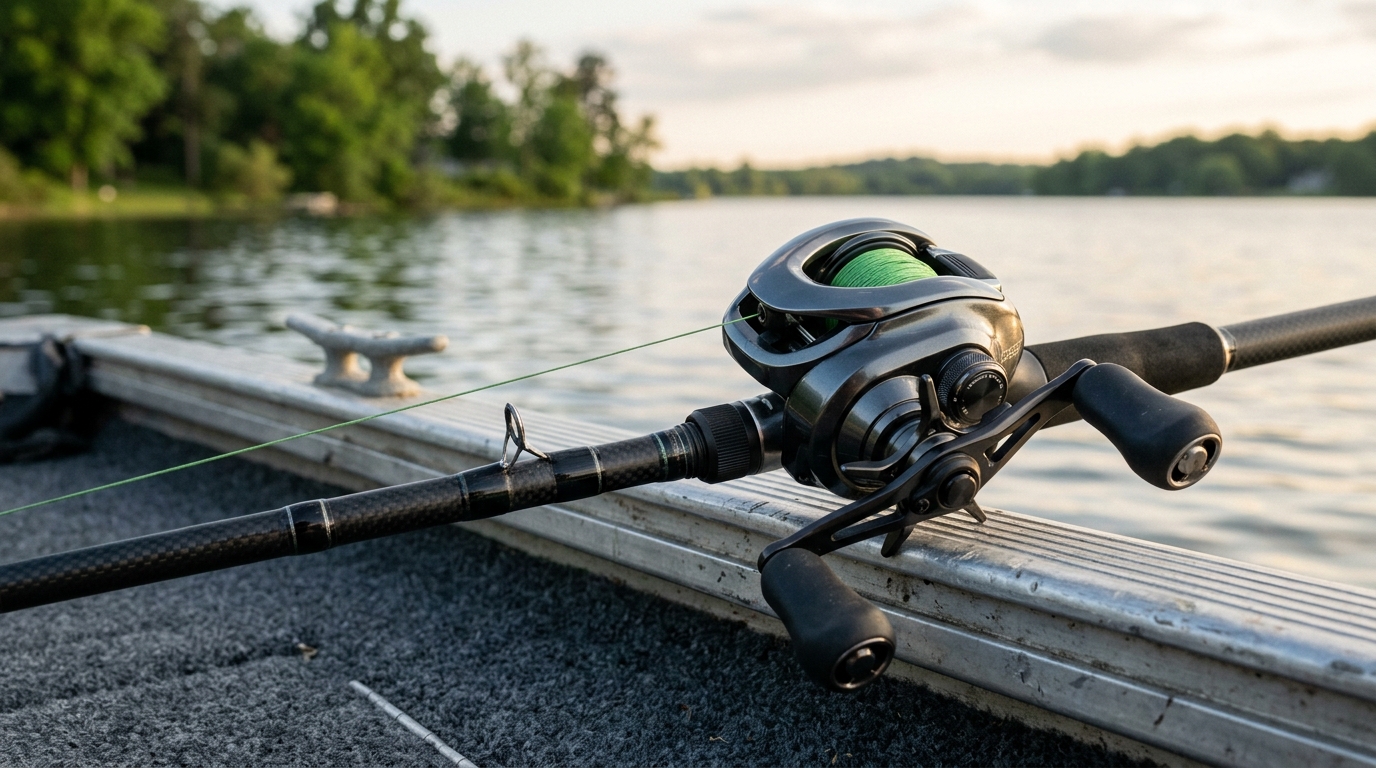Gros plan sur un moulinet casting et une canne en carbone pour la pêche au black bass
