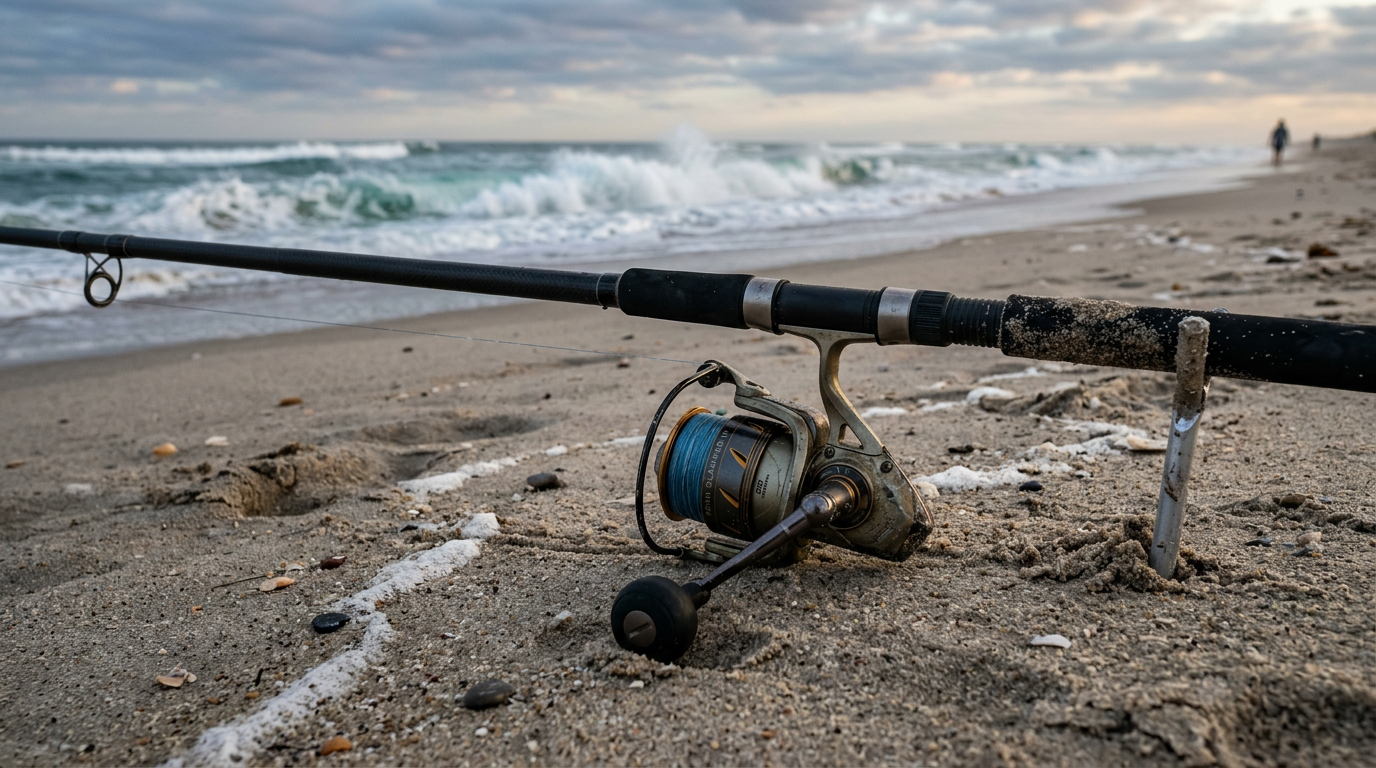 Matériel de pêche lourd pour le surfcasting posé sur une plage de sable