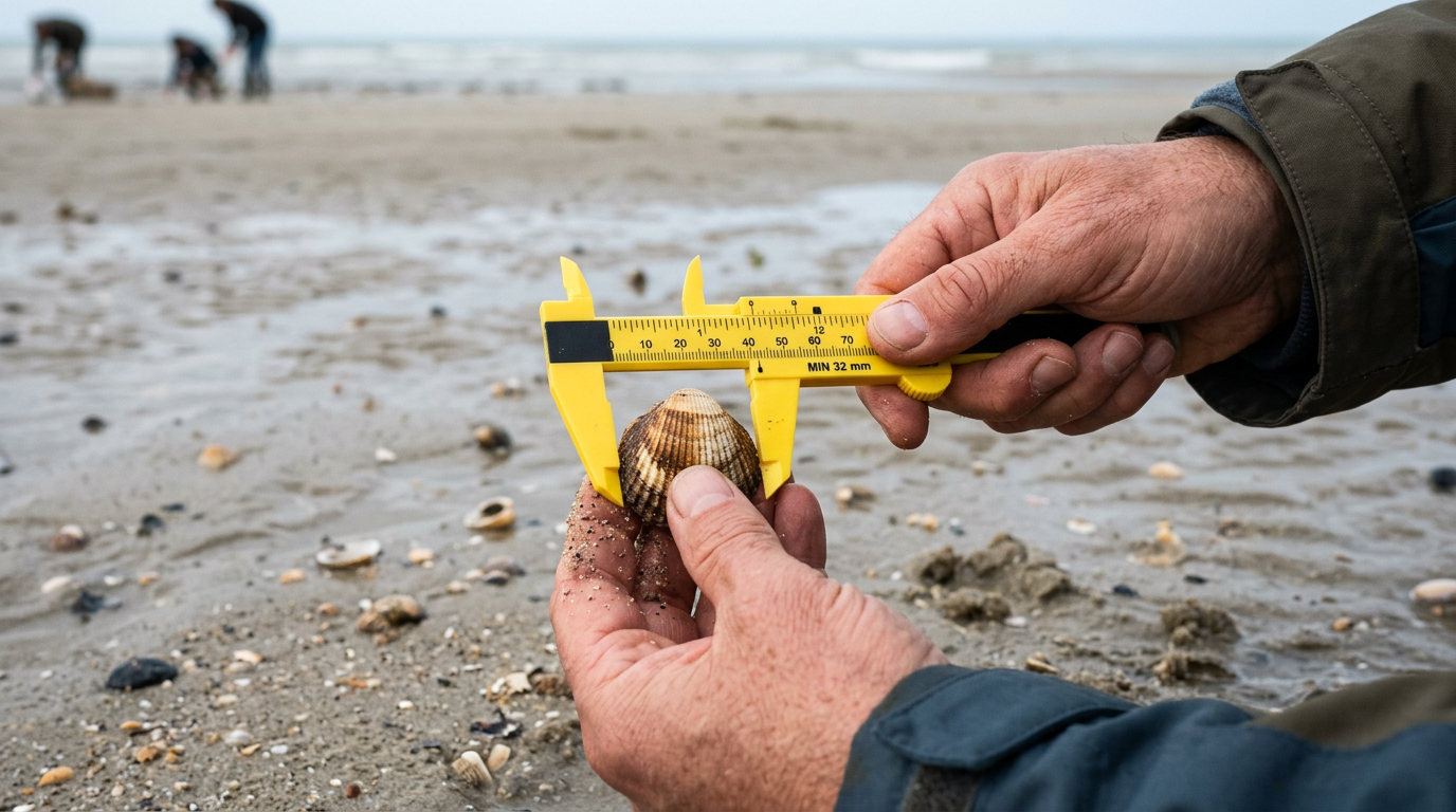 Mesure d'une coque avec une pige de calibrage sur la plage