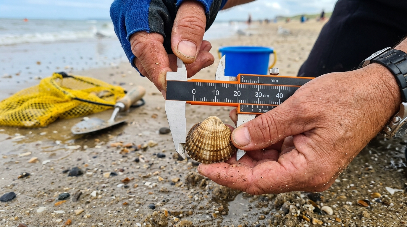 Mesure d'une coque avec une pige de 3 centimètres sur la plage