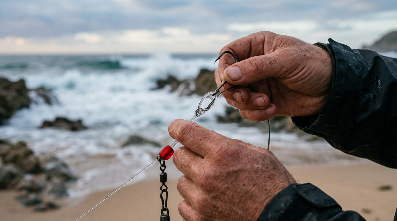 Mains de pêcheur réalisant un montage coulissant en fluorocarbone