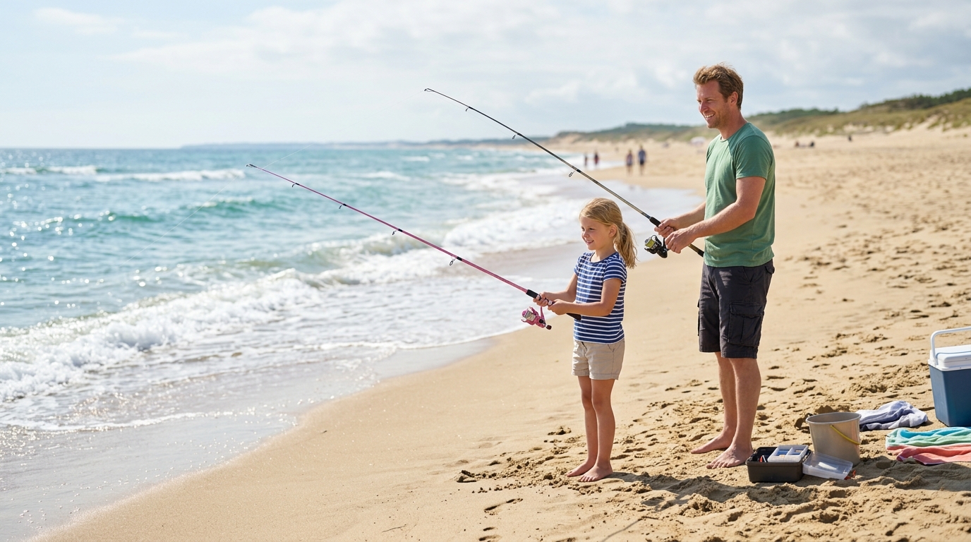 Famille pratiquant la pêche de loisir gratuite depuis une plage de sable