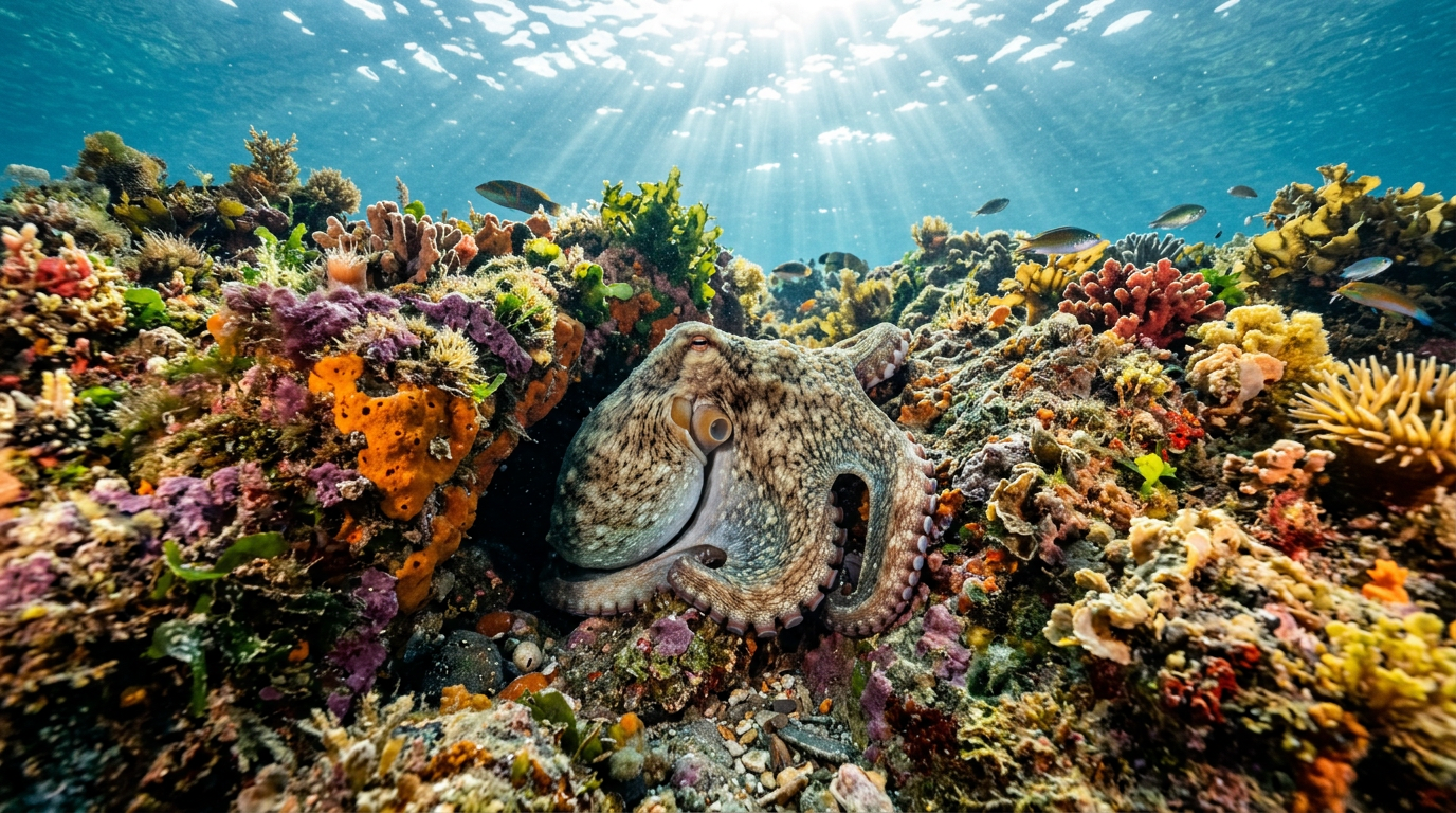 Poulpe camouflé dans les rochers sous-marins en attendant une proie