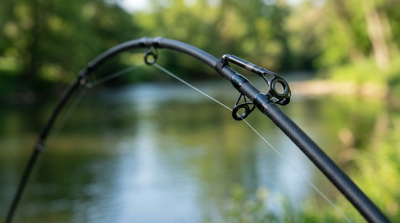 Gros plan sur un scion de canne à pêche sensible et un fil en nylon fin
