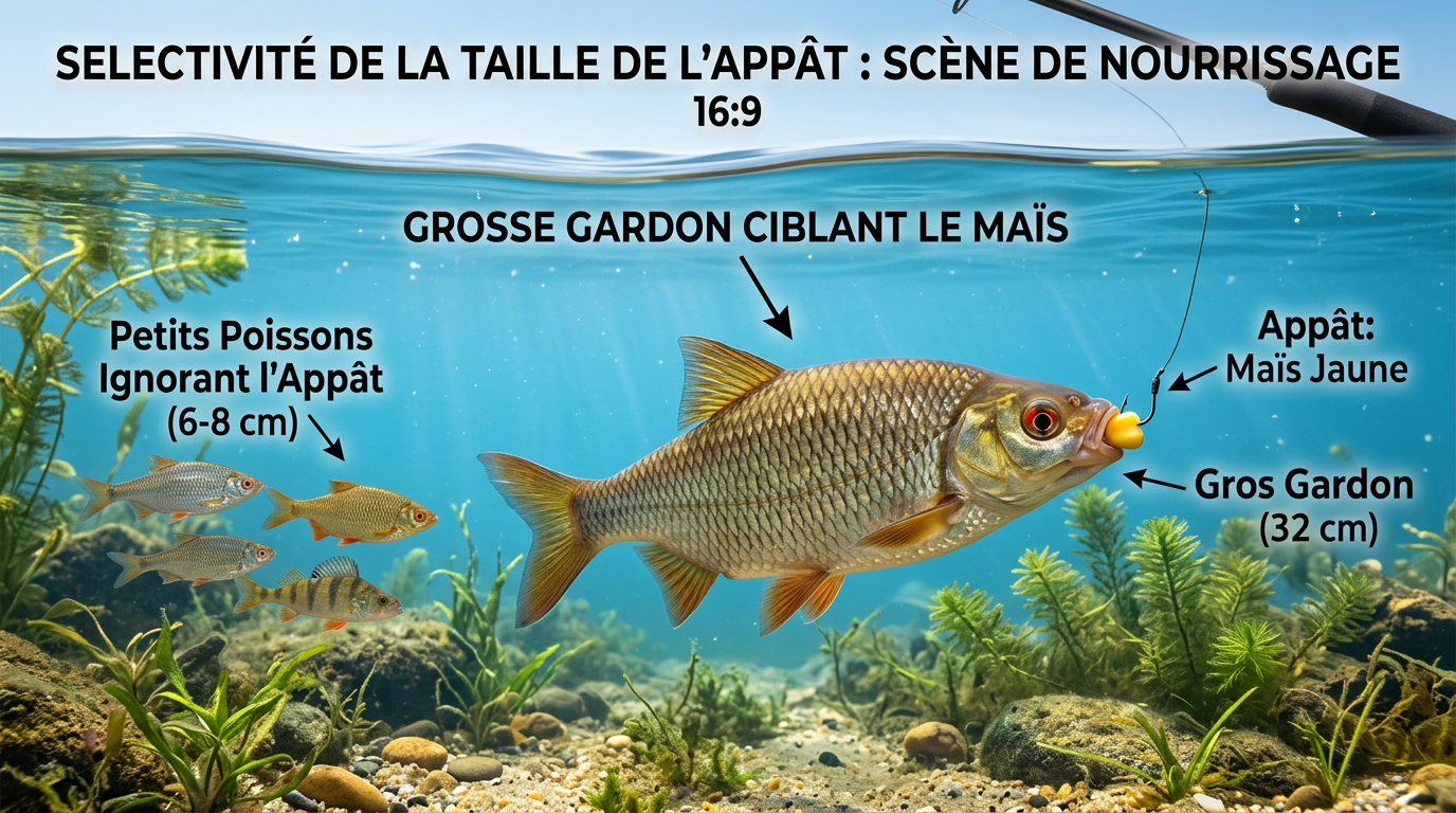 Gros gardon sélectionnant un grain de maïs sous l'eau