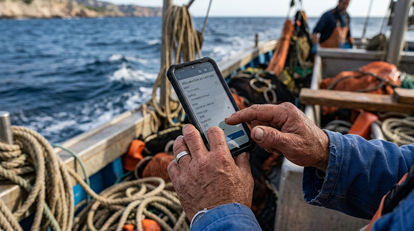 Pêcheur utilisant une application mobile sur un bateau pour déclarer ses captures