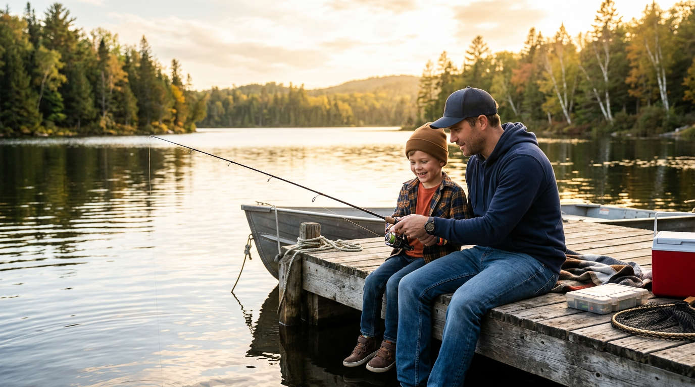 Père et fils pêchant ensemble avec une carte découverte mineur