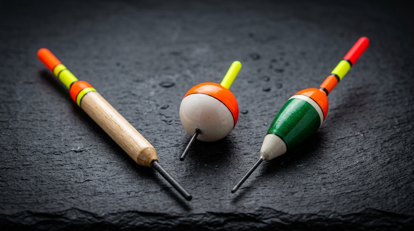 Comparaison de trois formes de flotteurs de pêche : crayon, boule et effilé