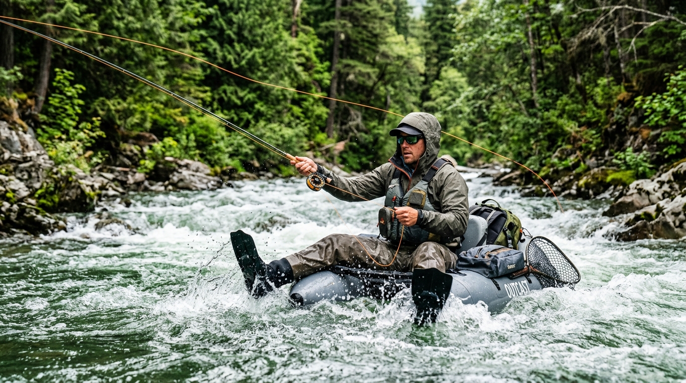 Pêcheur en float-tube démontrant l'effort physique de la discipline