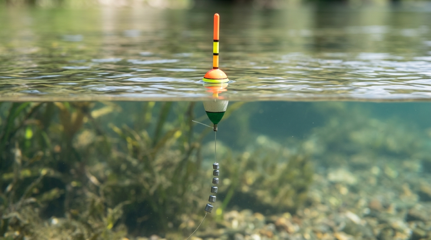 Schéma réaliste d'un flotteur de pêche équilibré avec des plombs sous l'eau
