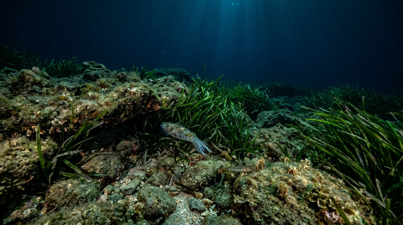 Fonds marins rocheux et herbiers de posidonies servant de repaire aux calamars