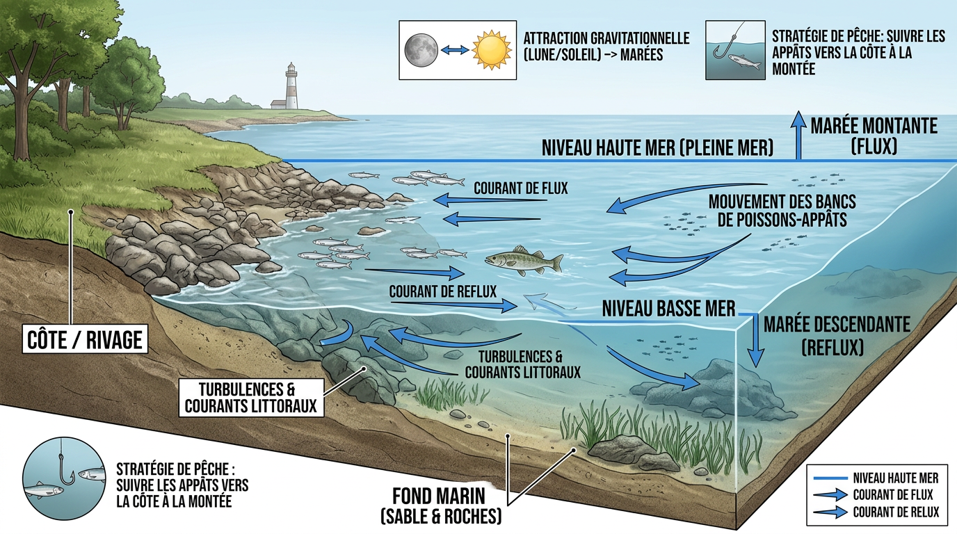 Schéma marée montante et descendante pêche du bar