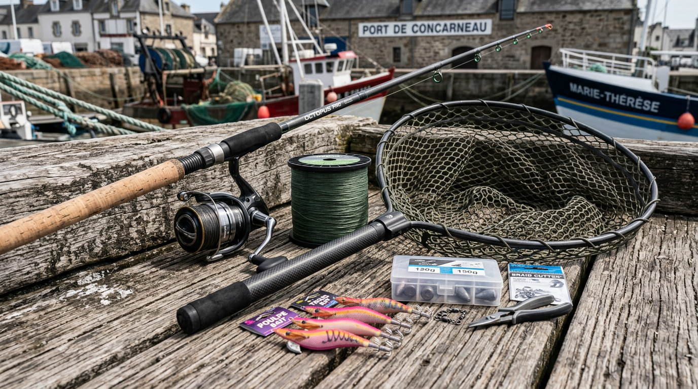 Matériel de pêche au poulpe avec canne robuste et grande épuisette