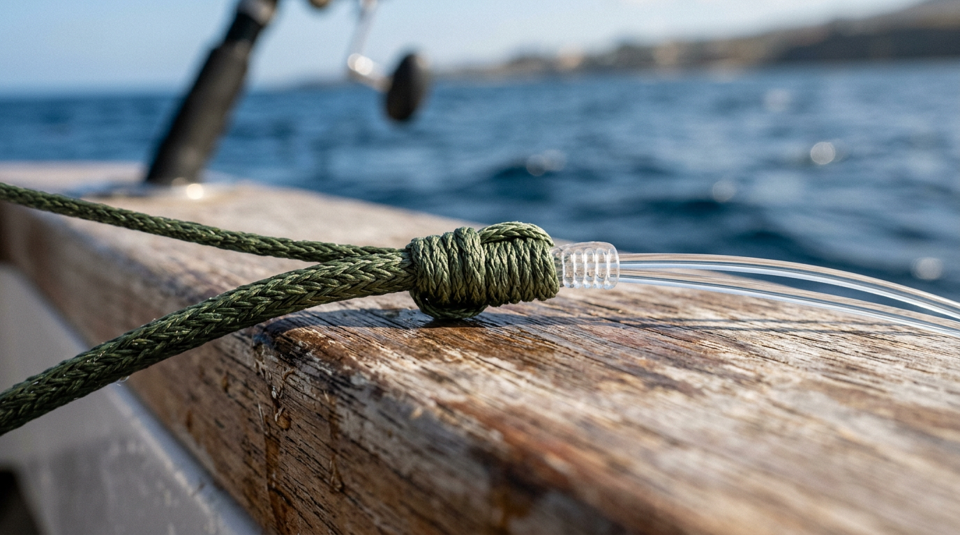 Détail du nœud de raccord entre la tresse et le bas de ligne en fluorocarbone