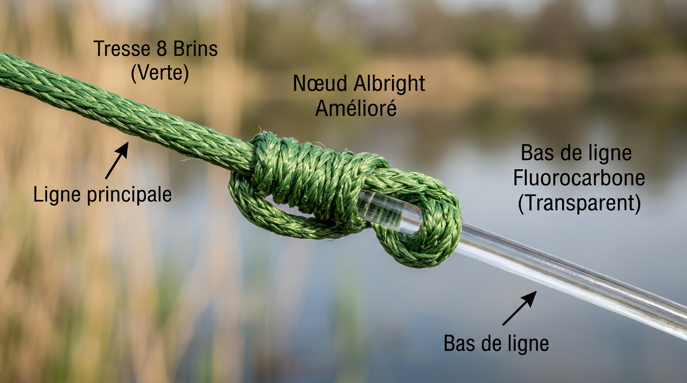 Nœud de raccord tresse et fluorocarbone pour la pêche