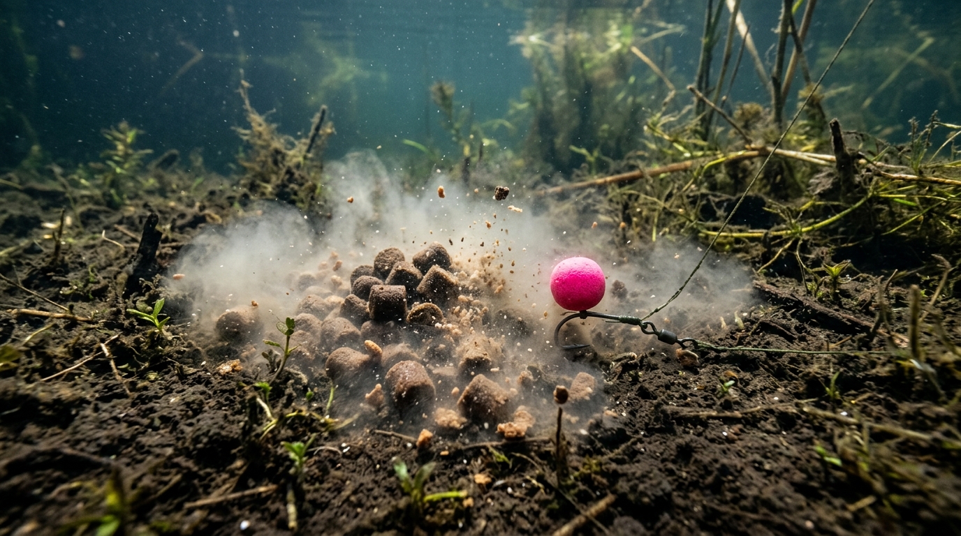 Pellets en train de se dissoudre sous l'eau créant un nuage attractif