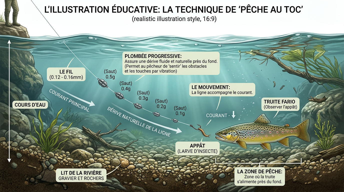 Schéma technique de la pêche au toc avec plombée dégressive sous l'eau