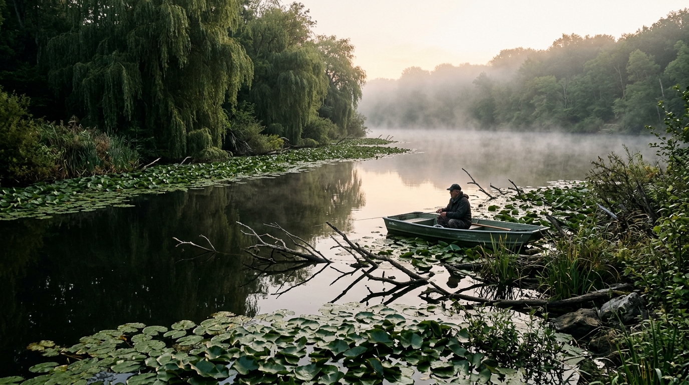 Spot de pêche idéal pour le black bass avec nénuphars et bois morts immergés