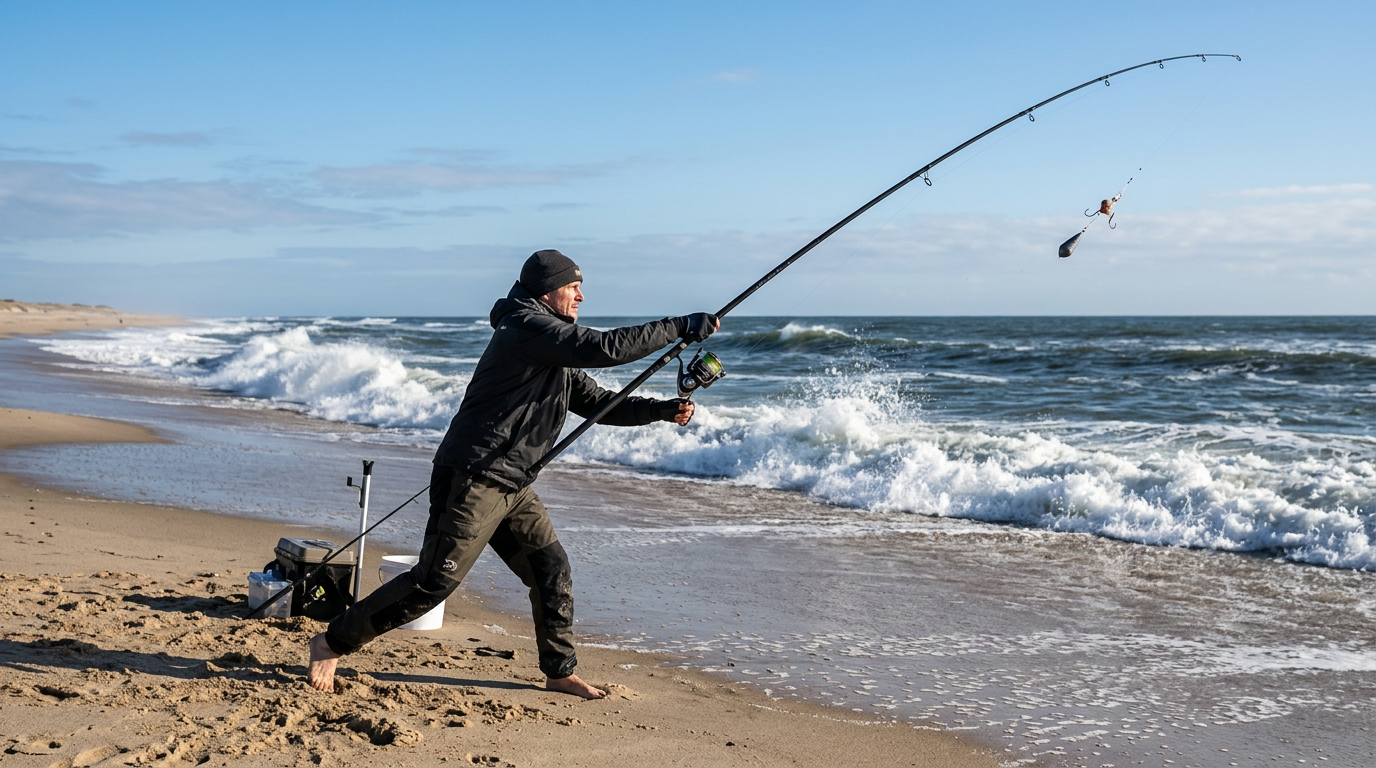 Pêcheur pratiquant le surfcasting sur une plage face aux vagues