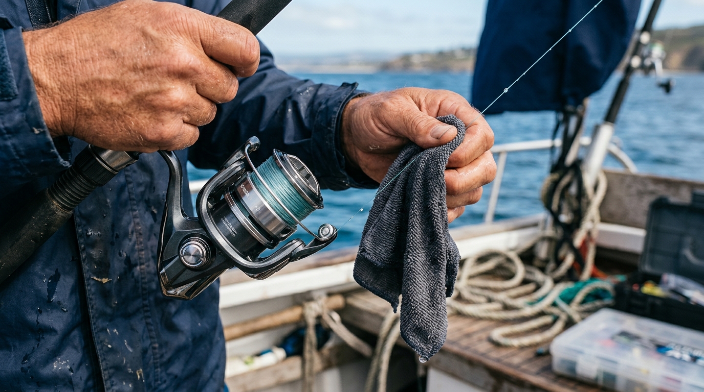 Pêcheur utilisant un chiffon humide pour maintenir la tension du fil lors du remplissage