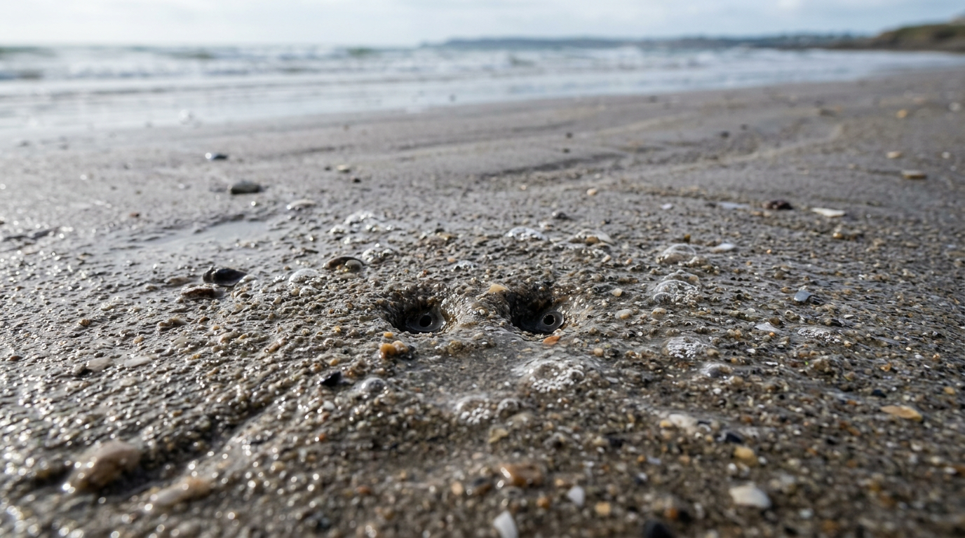 Deux petits trous dans le sable humide indiquant la présence d'une coque