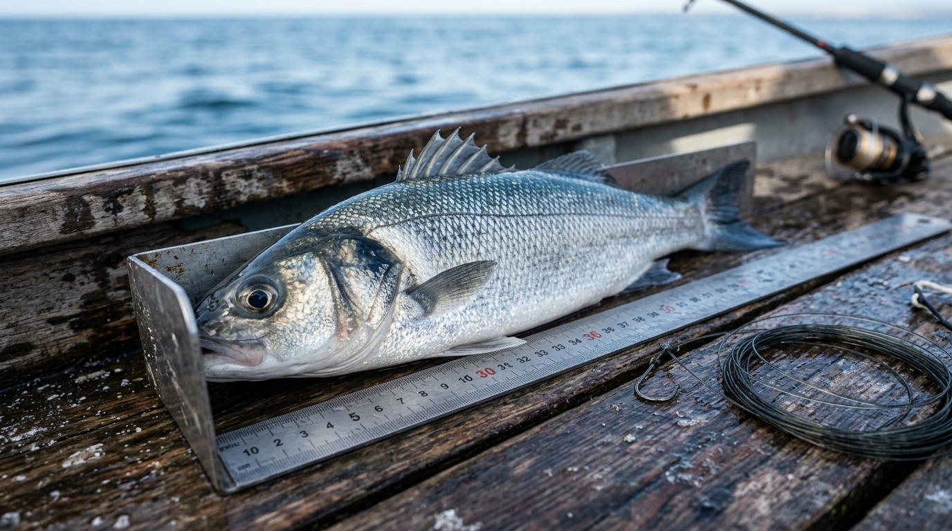 Bar européen fraîchement pêché posé à côté d'un outil de mesure sur un bateau