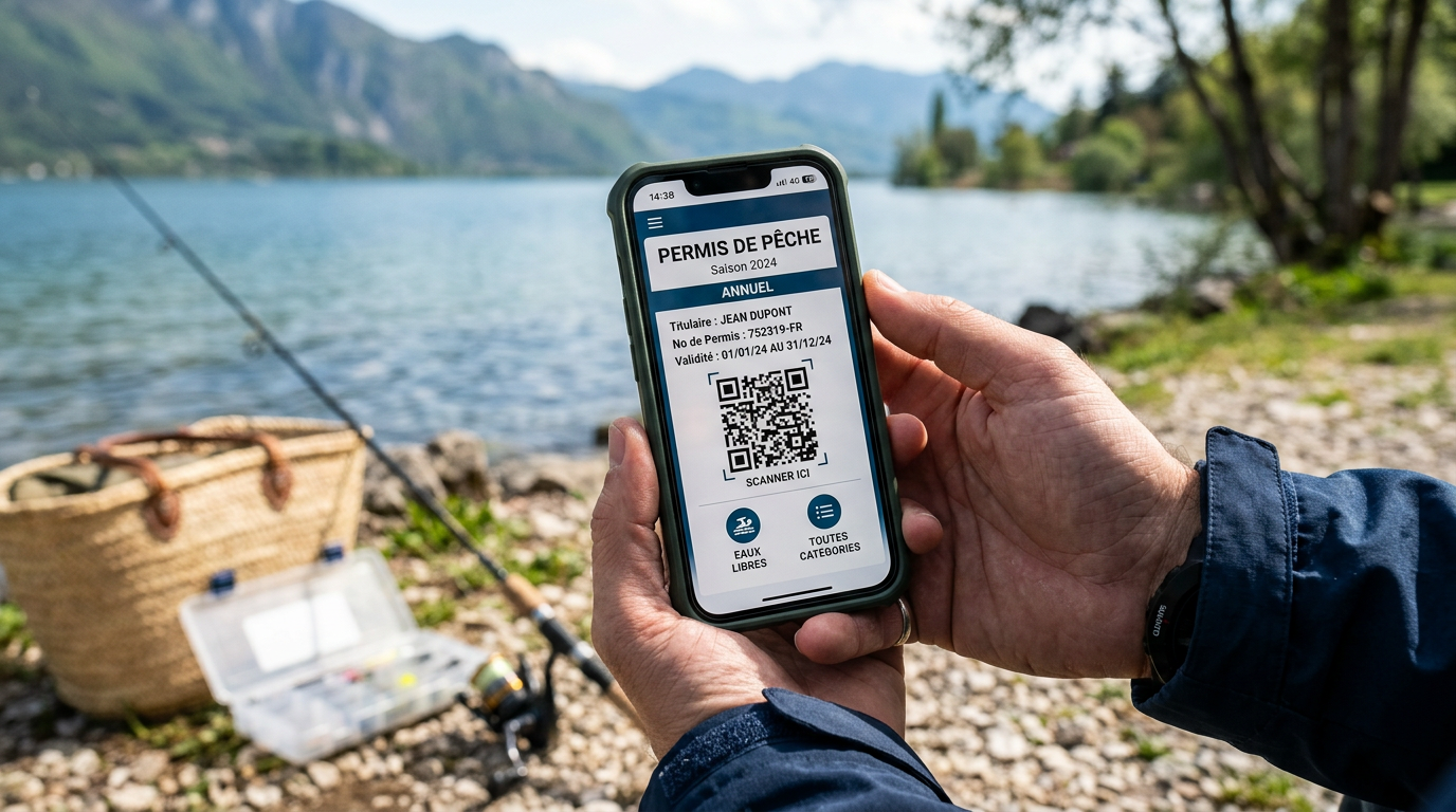 Smartphone affichant le QR code d'une carte de pêche dématérialisée