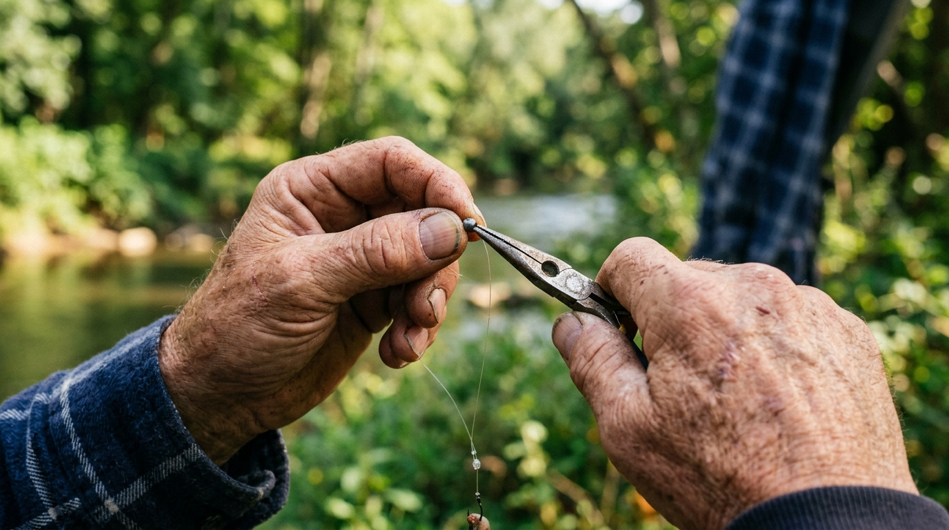 Pêcheur fixant un petit plomb fendu sur sa ligne avec une pince de précision